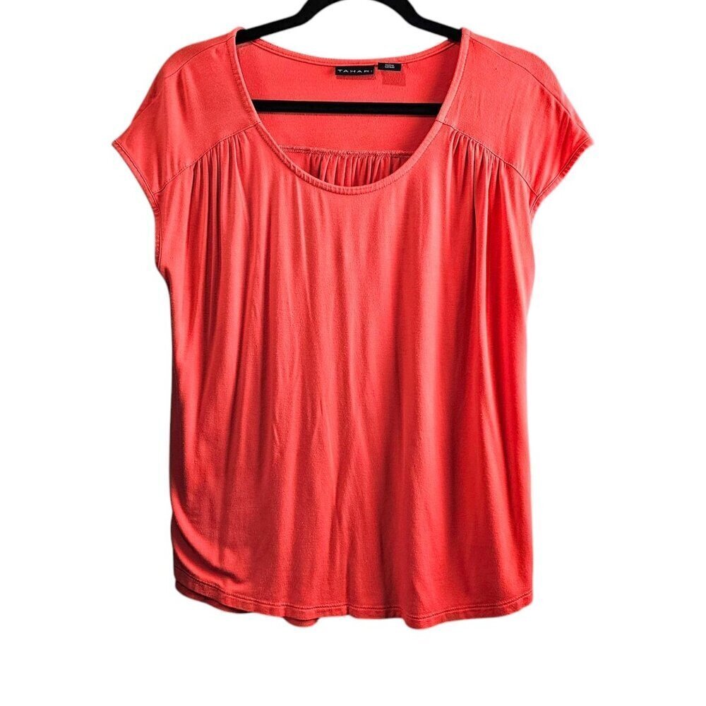 Tahari Women's Short Sleeve Pleated Stretchy Coral Top